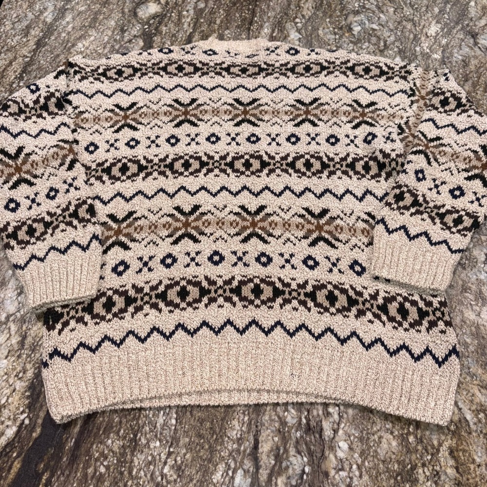 Vintage Grandpa Sweater Fair Isle Fieldmaster Knit Mens XLT Tan Brown Navy - Picture 8 of 11